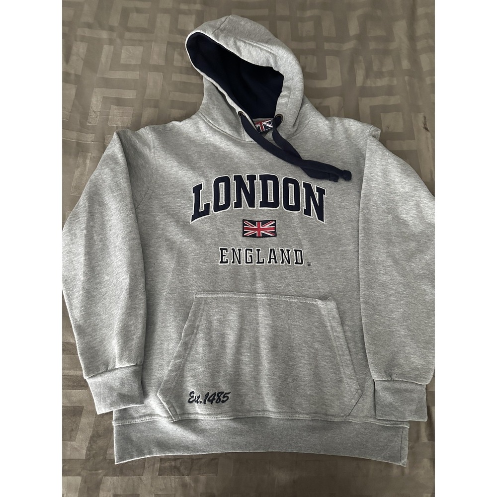 London England‎ Hoodie Mens Large Gray Embroidered Union Jack Front Pouch Fleece